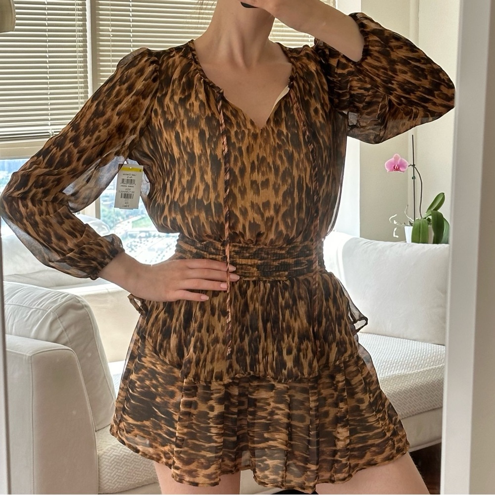 Steve Madden Animal Print Ruffle Long Sleeve Sheer Mini Dress Size XS NWOT